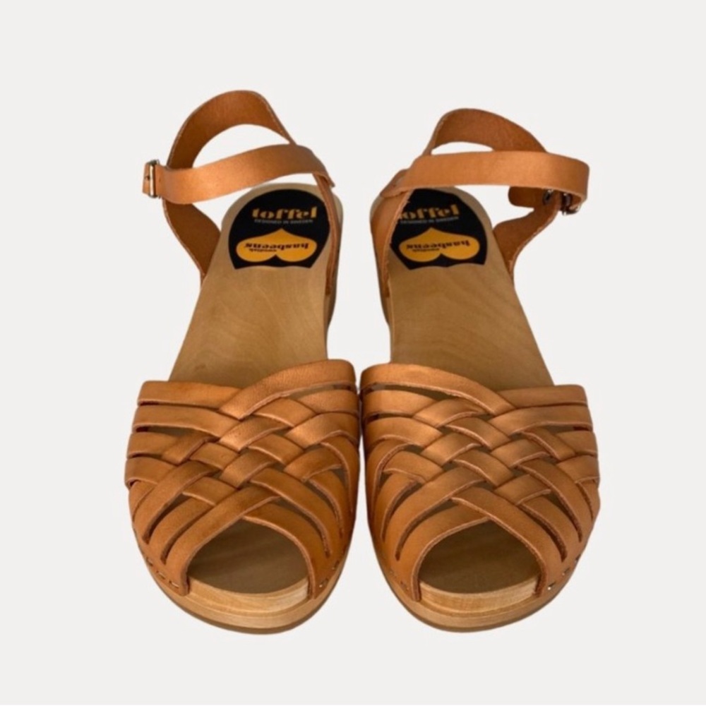 SWEDISH HASBEENS tan leather braided peep toe low wooden heel clogs NWOT